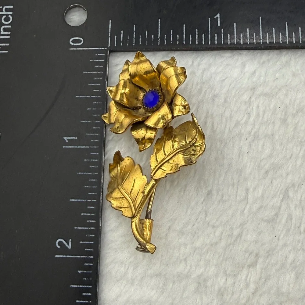 Vintage Swiss Made Flower Brooch Gold Blue Rhinestone Floral Pin Women